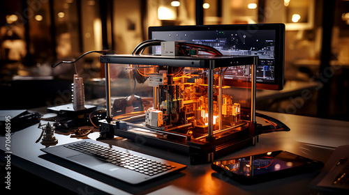 3D printer on workplace of engineer maker with abstract tech schema of additive technologies