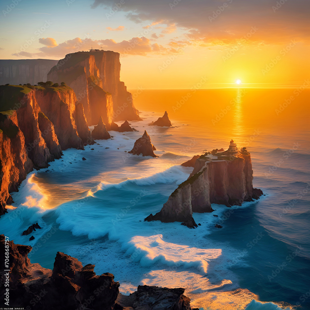 Sun Setting Over Ocean and Cliffs Creates Breathtaking View