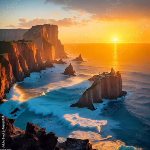 Sun Setting Over Ocean and Cliffs Creates Breathtaking View