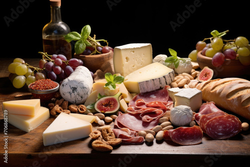 Assorted cheeses, cured meats, figs, and grapes on a wooden board.