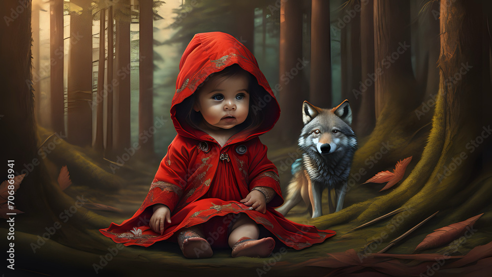 Little girl dressed in red with a wolf behind her in a forest