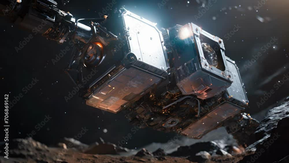 A detailed of a space probe with a robotic arm collecting samples from ...