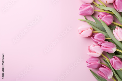 Beautiful, stylish Mothers Day or Valentines Day background or banner. Flowers and presents with copy space