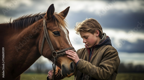 Amidst nature's beauty, a young and stunning boy shares an affectionate moment, embracing a horse © Vladyslav