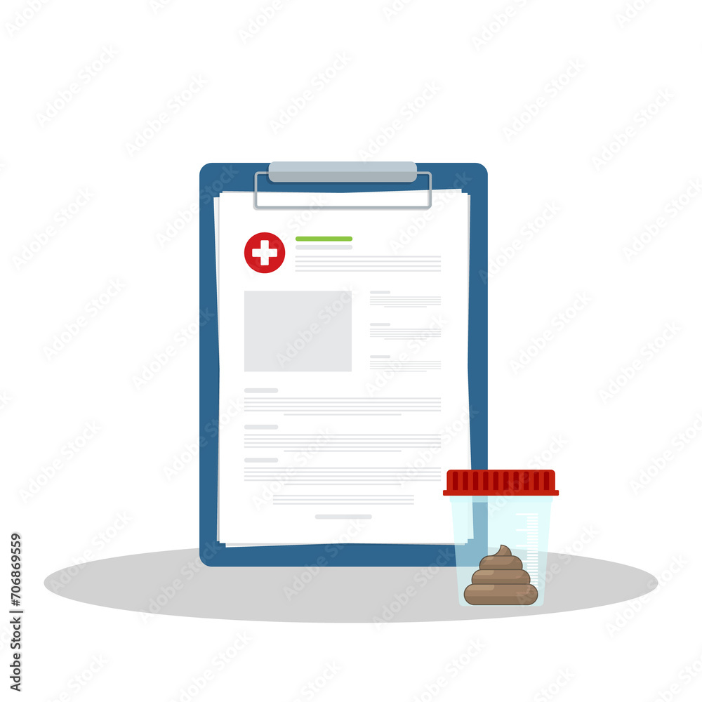 Stool analysis. Stool test. Medical research report clipboard with medical sample in a glass tube.