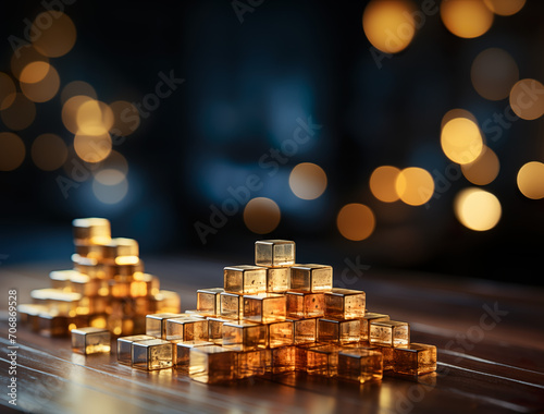 Golden Cube Pyramid with Bokeh Lights in the Background