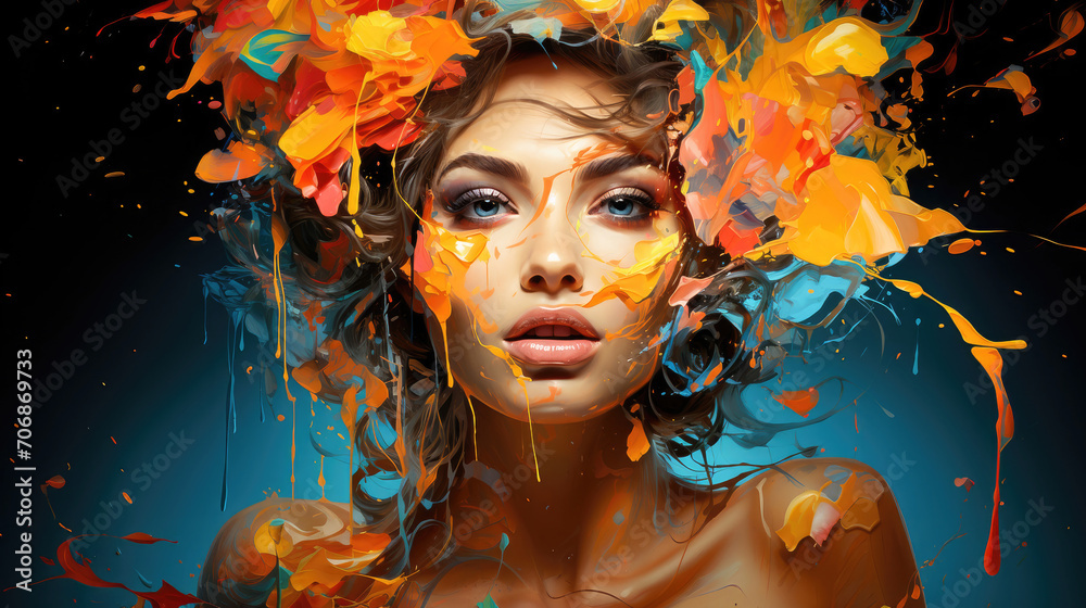Stunning digital art portrait of a woman with vibrant and colorful abstract paint splashes creating a dynamic fantasy effect.