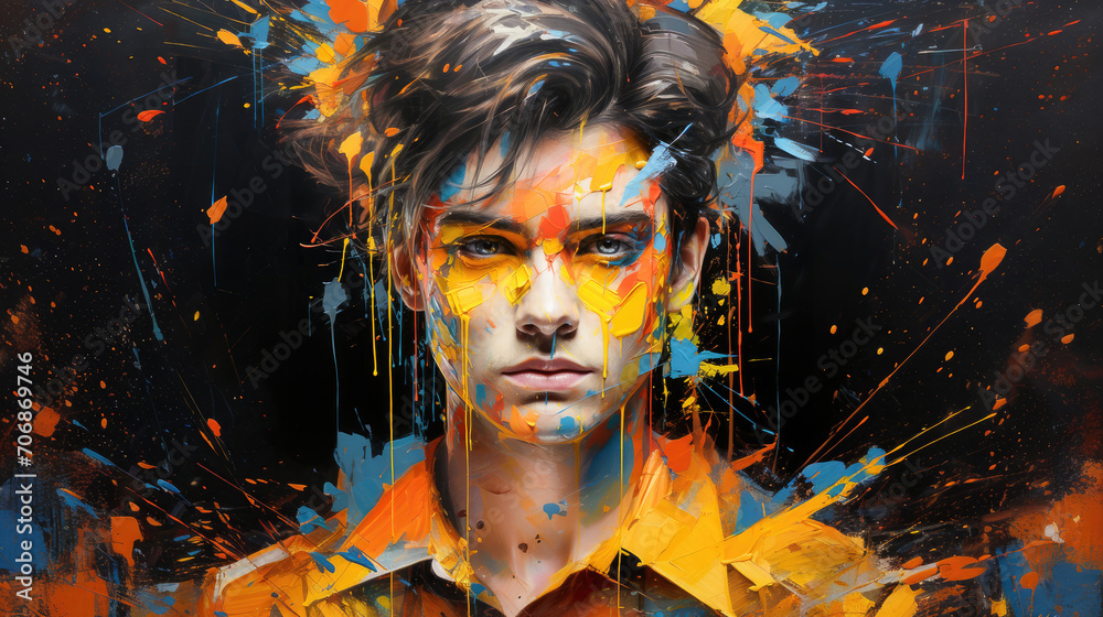 Stunning digital art portrait of a young man with vibrant paint splashes in an abstract and modern style. Stunning digital art portrait of a young man with vibrant paint splashes in an abstract and modern style.