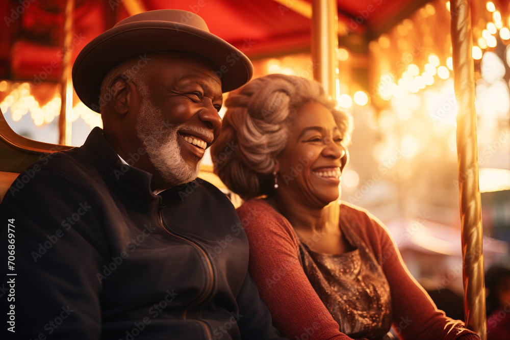 happy elderly black couple sit in a carousel smilling to each other in amusement park with golden hour lighting