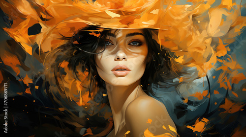 A stunning digital art portrait of a woman surrounded by vibrant orange autumn leaves in a surreal and artistic display.