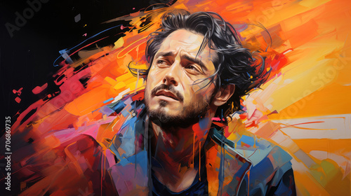 Striking digital painting of a man with dynamic, abstract, and vibrant color splashes bringing life and energy to the portrait.
