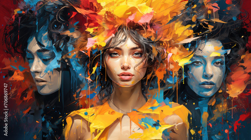 Vibrant abstract painting of a female face with vivid colors and expressive paint splashes, illustrating modern artistic beauty.