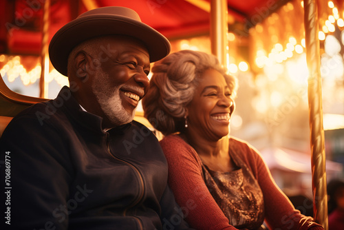 happy elderly black couple sit in a carousel smilling to each other in amusement park with golden hour lighting