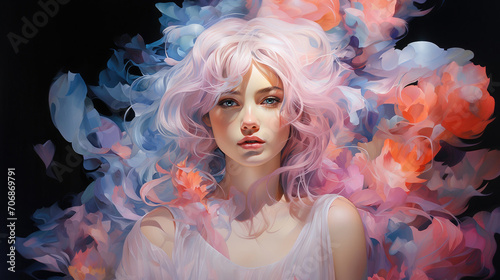 Stunning digital art of a woman with vibrant, colorful floral elements and dreamy pink hair.
