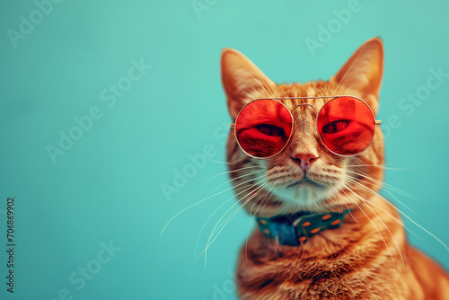 portrait of orange tabby cat with red glasses