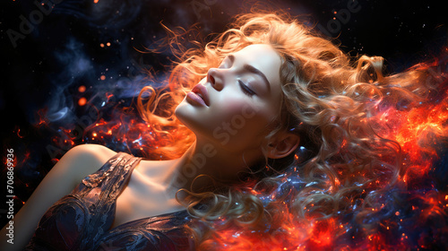 Captivating image of a woman enveloped in a surreal dance of fiery sparks and mystical flames, exuding a dreamy and magical presence. photo