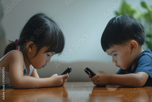 two asian kids playing smartphone no talking to each other
