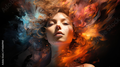 A creative and colorful abstract digital portrait of a woman with fiery red and cool blue smoke-like effects swirling around her.