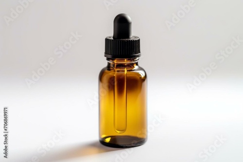 An essential oil bottle placed flat on a white background. Generative AI