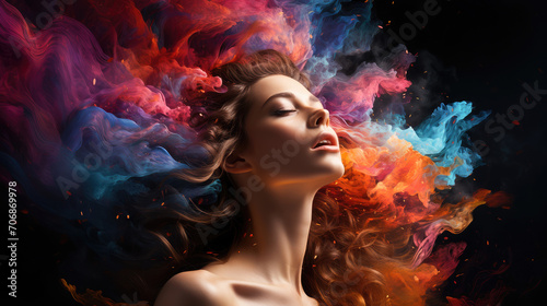 A striking portrait of a woman surrounded by a vibrant and colorful abstract smoke effect, epitomizing fantasy and creative beauty.