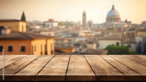 The empty wooden table top with blur background of Rome. Exuberant image. generative AI © Summit Art Creations