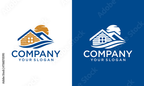 Creative lake house logo with a house over lake or water style for any business especially for travel, real estate, hotel, etc