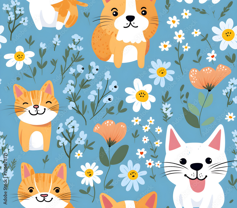 seamless pattern with cats and dogs and flowers