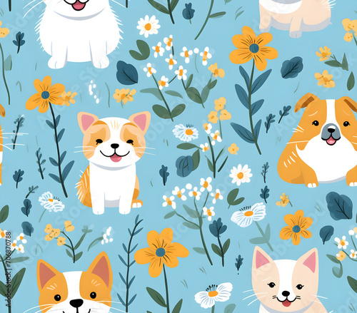 seamless pattern with cats and dogs and flowers