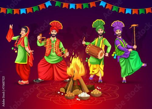 Happy Lohri celebration concept with Punjabi dancers playing bhangra sapp instruments over a bonfire