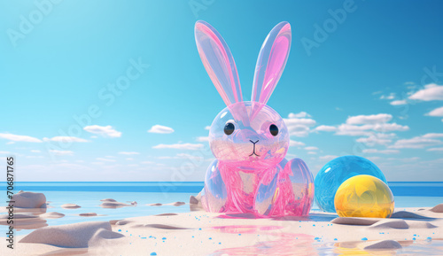 a yellow easter bunny sitting on the beach, in the style of technological art, light azure and pink, wimmelbilder, machine aesthetics --ar 40:23 --v 5.2 Job ID: e6661146-b2ca-4f27-9e2c-f7e407465709 photo