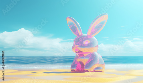 a yellow easter bunny sitting on the beach, in the style of technological art, light azure and pink, wimmelbilder, machine aesthetics --ar 40:23 --v 5.2 Job ID: e6661146-b2ca-4f27-9e2c-f7e407465709 photo