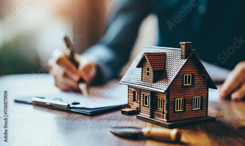 Real estate agent or realtor signing mortgage agreement for new home with couple of happy young clients. Concept of home loan and buying own property. Close up of miniature house