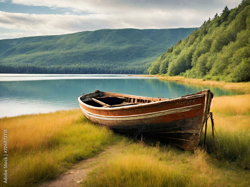 Boat Resting Atop Grassy Field Under Sunny Skies Boat Resting Atop Grassy Field Under Sunny Skies