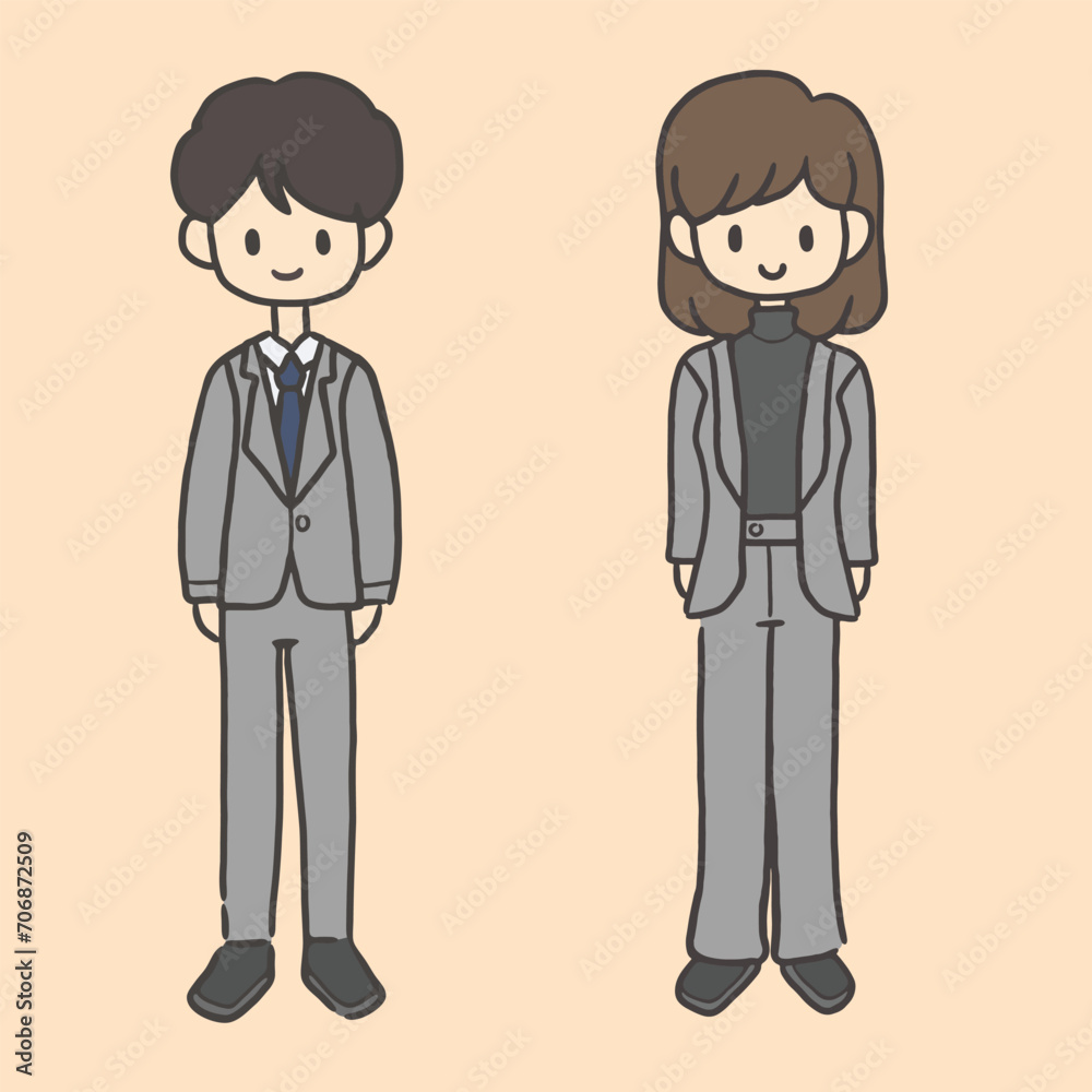 A cute vector illustration of a man and a woman in formal suits.