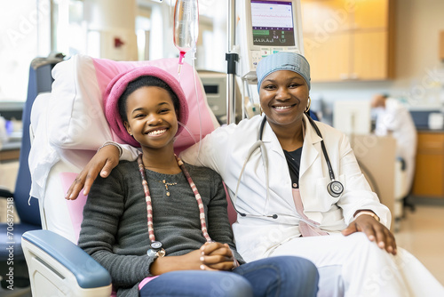 A smiling young patient with a healthcare professional in a hospital room, showing care and comfort during treatment.