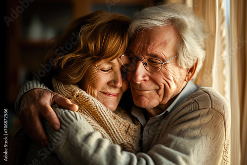 A tender moment between a loving elderly couple embracing at home, conveying affection and contentment.