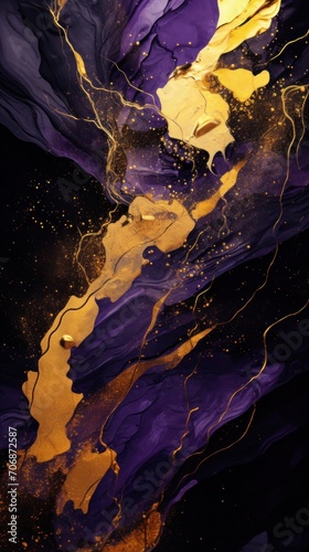 Abstract Painting in Gold and Purple, A Dynamic Blend of Colors. Marble background.