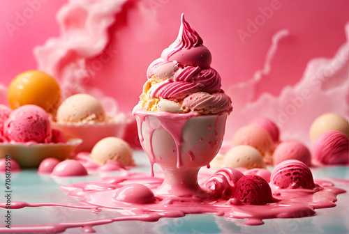Ice Cream Sundae With Pink Icing on Table