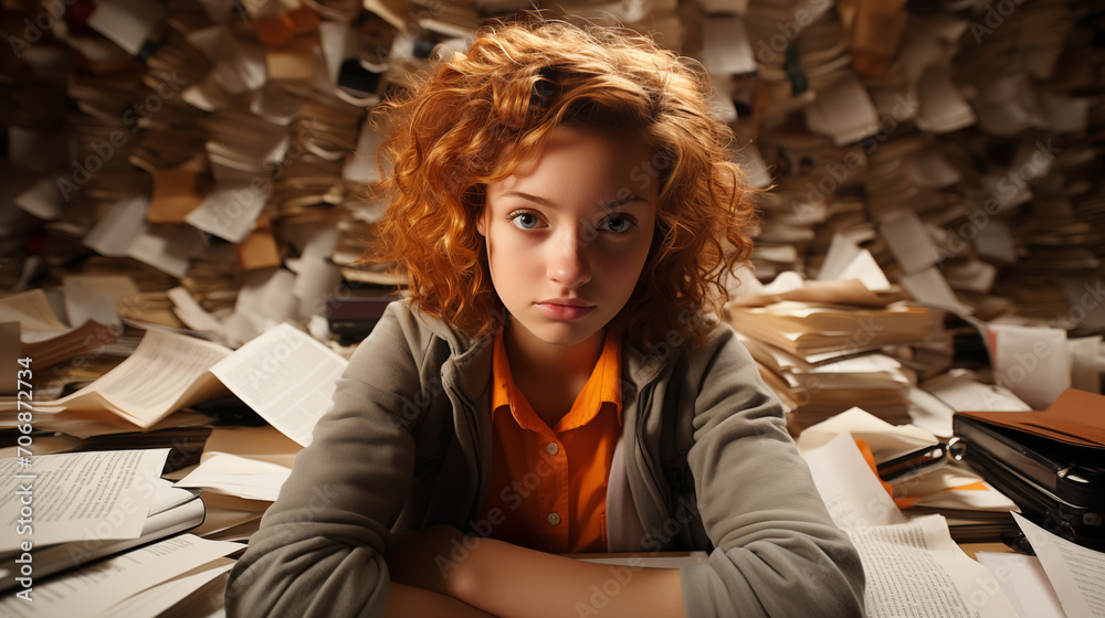 Książki i notatki tworzą jakby labirynt wokół dziewczyny, symbolizując trudności i wyzwania związane z poszukiwaniem wiedzy. To zdjęcie opowiada historię nieustannego eksplorowania świata nauki. - obrazy, fototapety, plakaty 