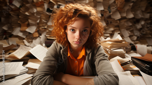 Książki i notatki tworzą jakby labirynt wokół dziewczyny, symbolizując trudności i wyzwania związane z poszukiwaniem wiedzy. To zdjęcie opowiada historię nieustannego eksplorowania świata nauki. photo
