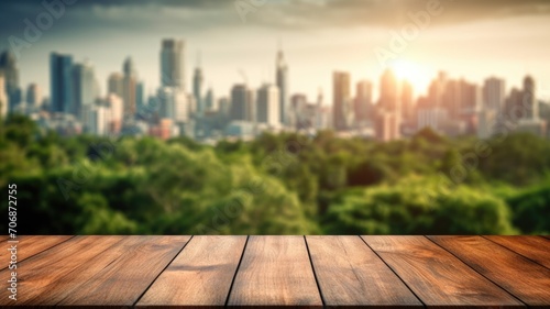 The empty wooden table top with blur background of city park skyline. Exuberant image. generative ai