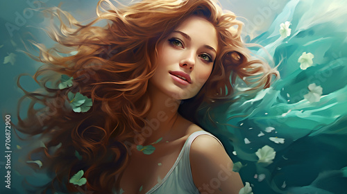 April Showers with Fresh Teal Waves. The April show with beautiful woman and white flowers under water.