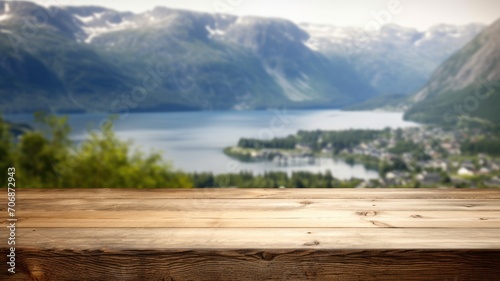 The empty wooden brown table top with blur background of Norway in summer. Exuberant image. generative AI © Summit Art Creations