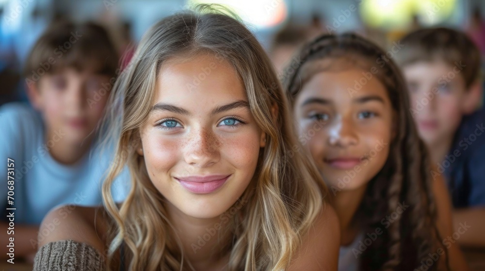 Portrait of two diligent girls looking at camera at workplace with schoolboys on background Portrait of two diligent girls looking at camera at workplace with schoolboys on background