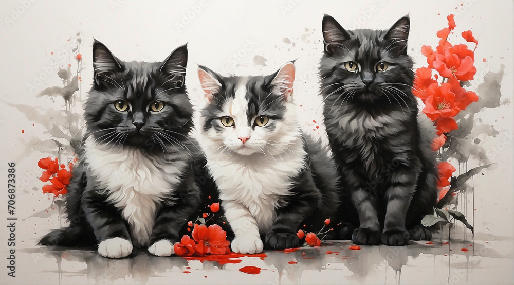 Fototapeta Red flowers and three cats. illustration in watercolor style. Generative Ai