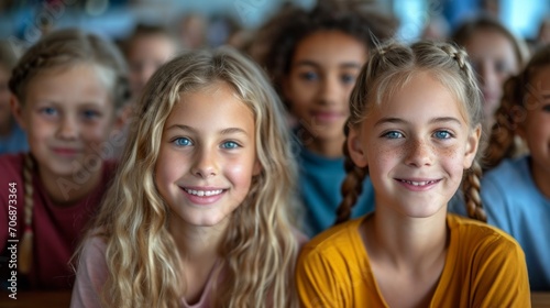 Portrait of two diligent girls looking at camera at workplace with schoolboys on background