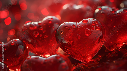 Shimmering red hearts adorned with glistening water droplets symbolize the passionate love and affection celebrated on valentine's day