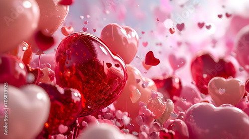 A vibrant party scene filled with love and celebration, as pink and red hearts float among festive balloons and bubbles on valentine's day