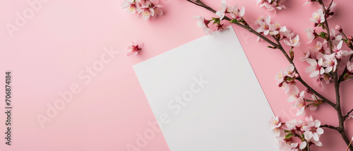 Delicate cherry blossoms branch out over a soft pink background with a blank white sheet, offering a serene and creative space for personalized messages or designs