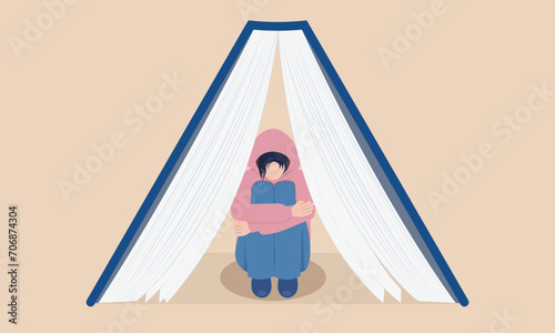 Flat simple illustration of lonely autistic child hiding in book